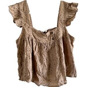 WAYF Crop Top Animal Print Ruffle Sleeves Square Neck Button Front Brown Small